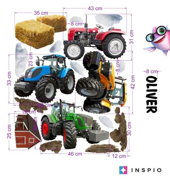 INSPIO - átragasztható textil matrica - Falmatrica fiúknak - Traktorok névvel