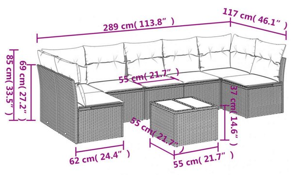 Polyrattan Kerti Ülőgarnitúra - 8 részes - Fekete