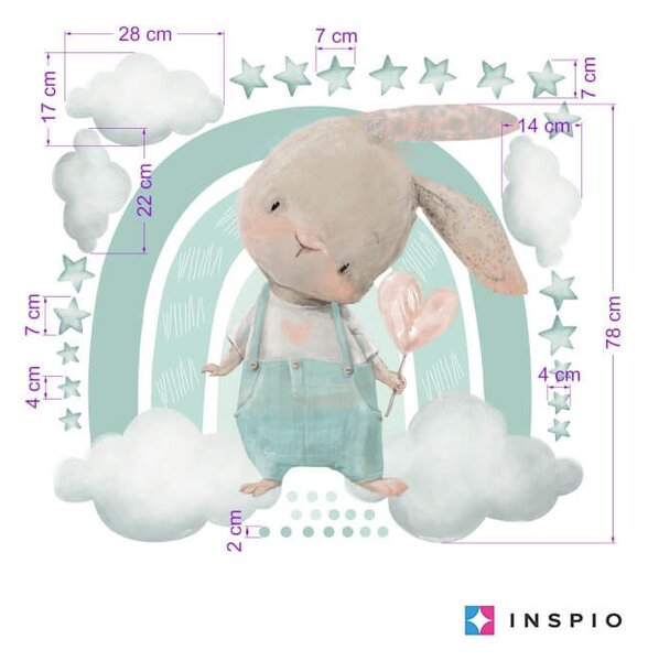 INSPIO - átragasztható textil matrica - Falmatrica gyerekeknek - Mentaszínű nyuszi szivárvánnyal