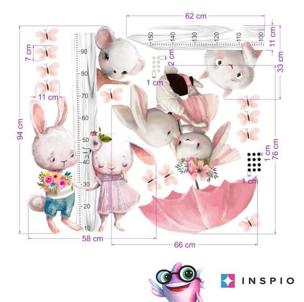 INSPIO - átragasztható textil matrica - Magasságmérő lányoknak - Akvarell nyuszik