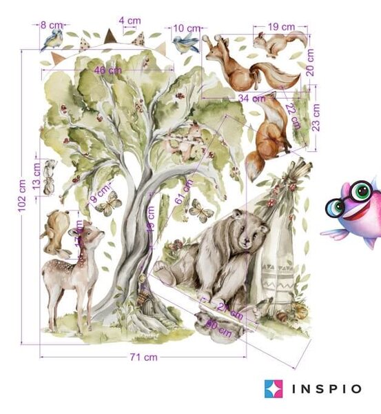 INSPIO - átragasztható textil matrica - Woodland falmatrica - Varázslatos erdő boldog állatokkal