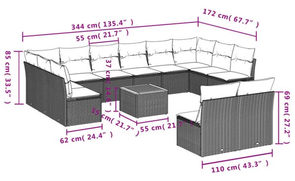 Polyrattan Kerti Ülőgarnitúra - 13 részes - Fekete