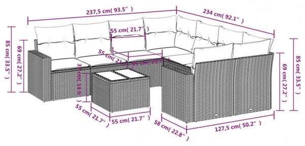 VidaXL Polyrattan Kerti Ülőgarnitúra - 9 részes - Fekete