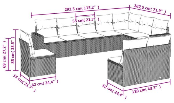 Polyrattan Kerti Ülőgarnitúra - 10 részes - Fekete