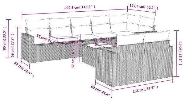 VidaXL Polyrattan Kerti Ülőgarnitúra - 9 részes - Szürke
