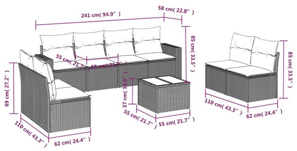 VidaXL Polyrattan Kerti Ülőgarnitúra - 9 részes - Szürke