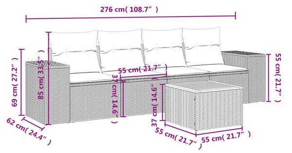 5 részes fekete polyrattan kerti kanapészett párnákkal