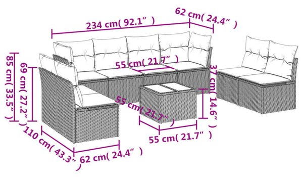 Polyrattan Kerti Ülőgarnitúra - 9 részes - Fekete