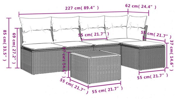 VidaXL Polyrattan Kerti Ülőgarnitúra - 6 részes - Szürke