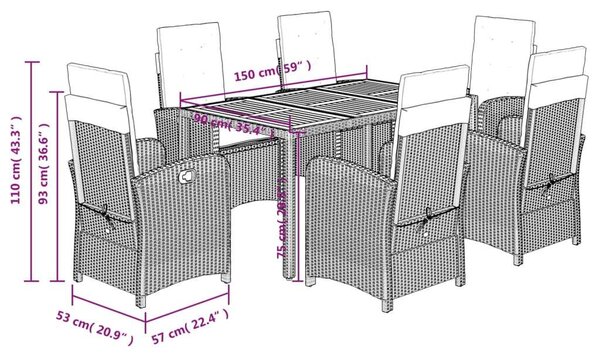 VidaXL 7 részes fekete polyrattan kerti étkezőgarnitúra párnával