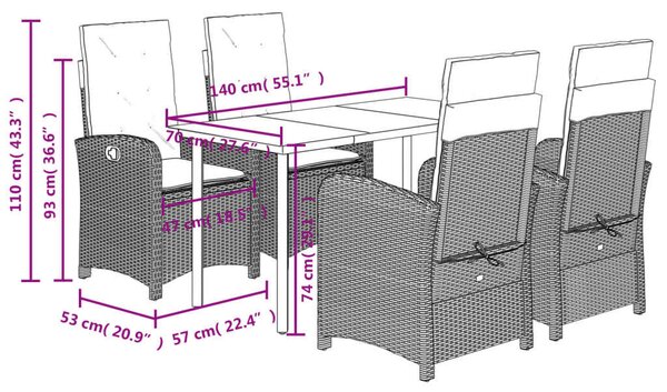 VidaXL 5 részes fekete polyrattan kerti étkezőgarnitúra párnákkal