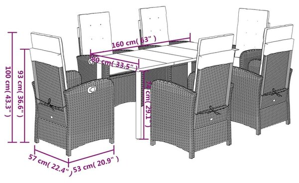 VidaXL 7 részes fekete polyrattan kerti étkezőgarnitúra párnával