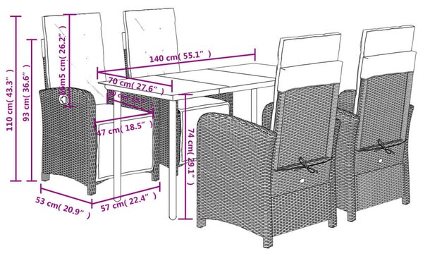 VidaXL 5 részes fekete polyrattan kerti étkezőgarnitúra párnákkal