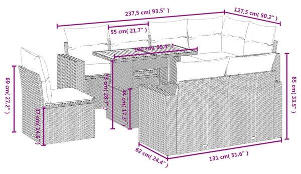VidaXL Polyrattan Kerti Ülőgarnitúra - 9 részes - Szürke