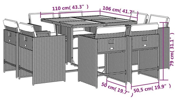 Vidaxl Polyrattan Kerti Étkezőgarnitúra - 9 részes - Szürke