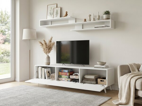 AKCIÓ MIYA TV állvány 150 cm fali polccal, fehér II. osztály