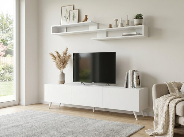 AKCIÓ MIYA TV állvány 150 cm fali polccal, fehér II. osztály