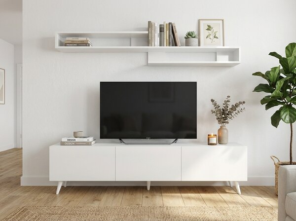 AKCIÓ MIYA TV állvány 150 cm fali polccal, fehér II. osztály