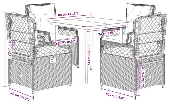VidaXL Polyrattan Kerti Étkezőgarnitúra - 5 részes, Barna