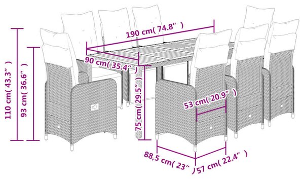 VidaXL 9 részes Kerti Bútor Szett - Fekete Polyrattan