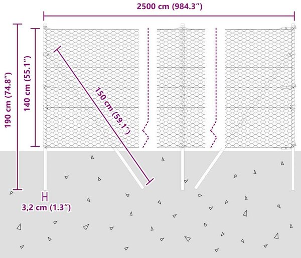 VidaXL Hatszögletű kerítés talajrögzítő 25 x 1,4 m PVC-bevonatos acél