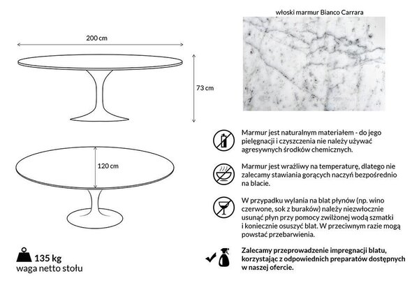 TULIP ELLIPSE MARBLE CARRARA fehér asztal - ovális márványlap, fém