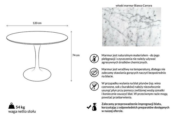 King Home Tulip Marble 120 Carrara étkezőasztal márvány fehér