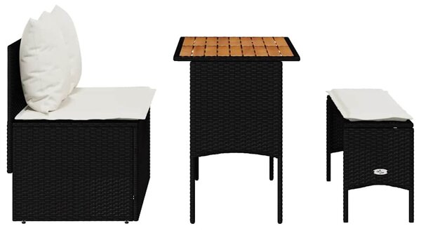 VidaXL 3 részes fekete polyrattan kerti étkezőgarnitúra párnákkal