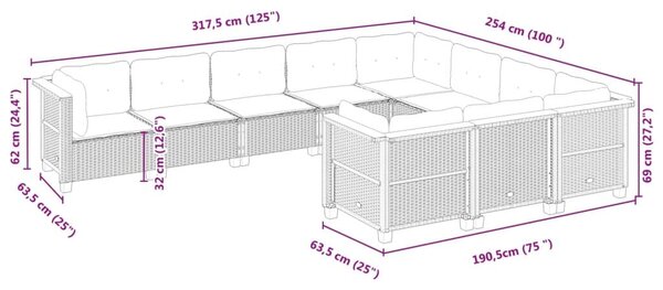 VidaXL 10 részes bézs polyrattan kerti ülőgarnitúra párnával