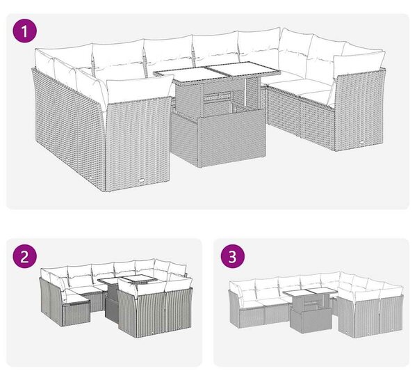 VidaXL 10 részes fekete polyrattan kerti ülőgarnitúra párnákkal