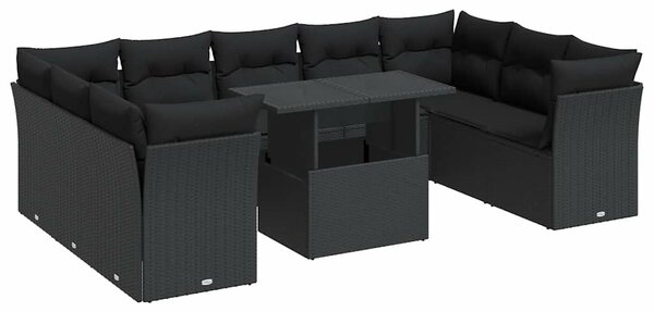 VidaXL 10 részes fekete polyrattan kerti ülőgarnitúra párnákkal