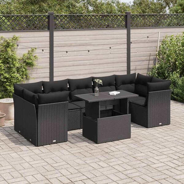 VidaXL 8 részes fekete polyrattan kerti ülőgarnitúra párnákkal