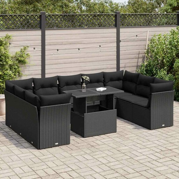 VidaXL 10 részes fekete polyrattan kerti ülőgarnitúra párnákkal