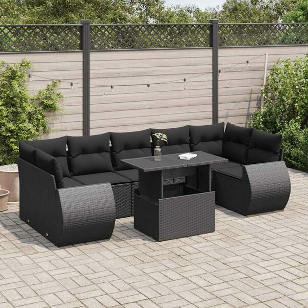 VidaXL 8 részes fekete polyrattan kerti ülőgarnitúra párnákkal