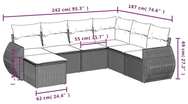VidaXL 7 részes barna polyrattan kerti ülőgarnitúra párnákkal