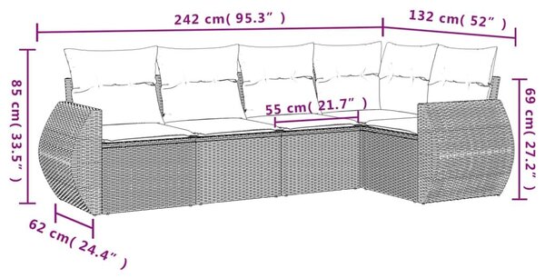 VidaXL 5 db barna polyrattan kerti kanapégarnitúra párnákkal