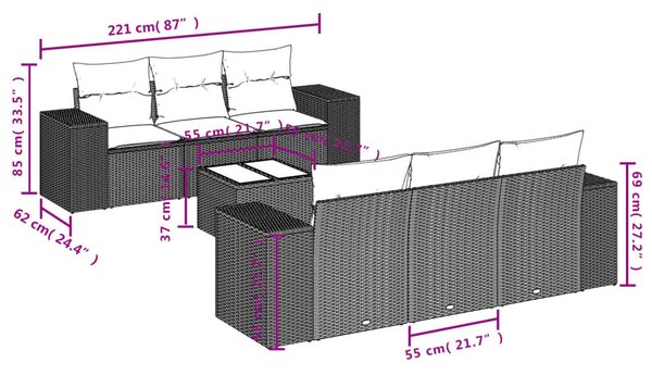 VidaXL 7 részes barna polyrattan kerti ülőgarnitúra párnákkal