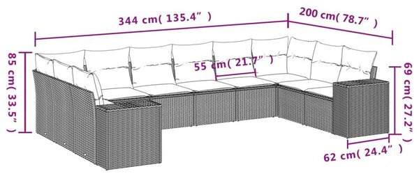 VidaXL 10 részes barna polyrattan kerti ülőgarnitúra párnákkal
