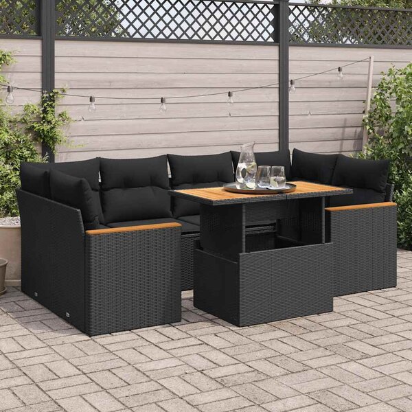 VidaXL 6 részes fekete polyrattan akácfa kerti ülőgarnitúra párnákkal