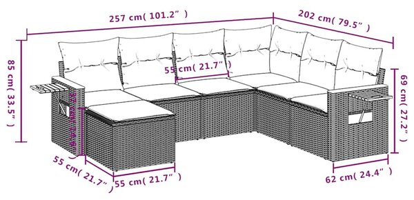 VidaXL 7 részes fekete polyrattan kerti ülőgarnitúra párnákkal