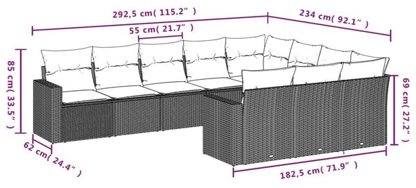 VidaXL 10 részes fekete polyrattan kerti ülőgarnitúra párnával