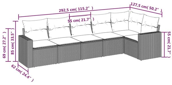 VidaXL 6 részes fekete polyrattan kerti ülőgarnitúra párnával