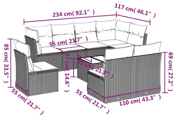 VidaXL 9-részes barna polyrattan kerti ülőgarnitúra párnákkal