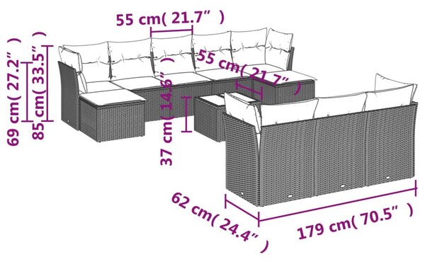 VidaXL 11 db fekete polyrattan kerti kanapégarnitúra párnákkal