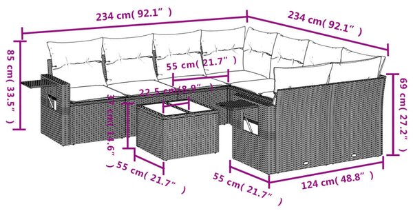 VidaXL 9 részes barna polyrattan kerti ülőgarnitúra párnákkal