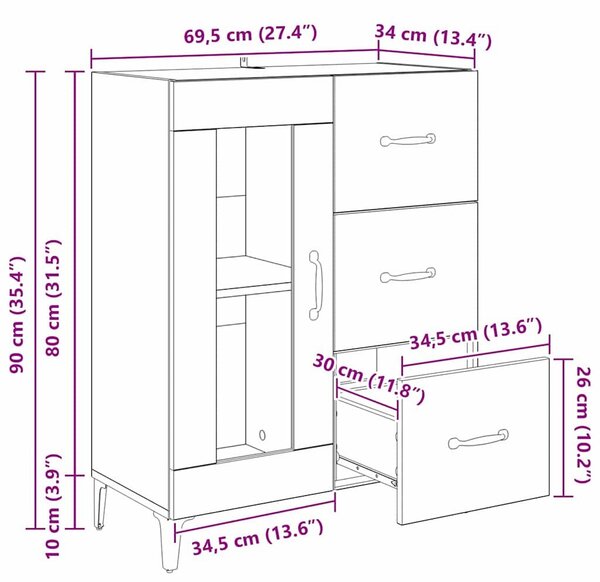 VidaXL Széf fiókkal Fekete tölgy 69,5 x 34 x 90 cm Műszaki fa és vas