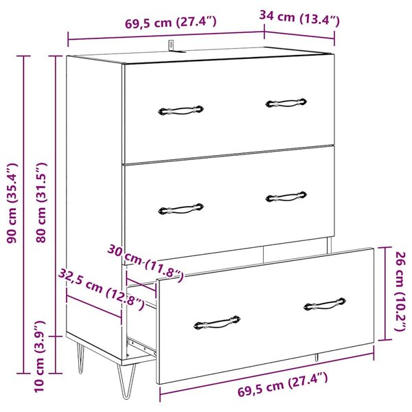 VidaXL Széf fiókkal Fekete tölgy 69,5 x 34 x 90 cm Műszaki fa és vas