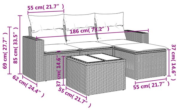 VidaXL 5 részes barna polyrattan kerti ülőgarnitúra párnával