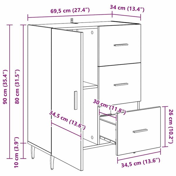 VidaXL Széf fiókkal Öreg fa 69,5 x 34 x 90 cm Műszaki fa és vas