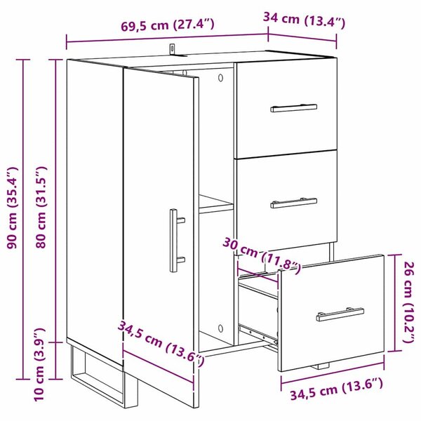 VidaXL Széf Artisan tölgy 69,5 x 34 x 90 cm Műszaki fa és vas